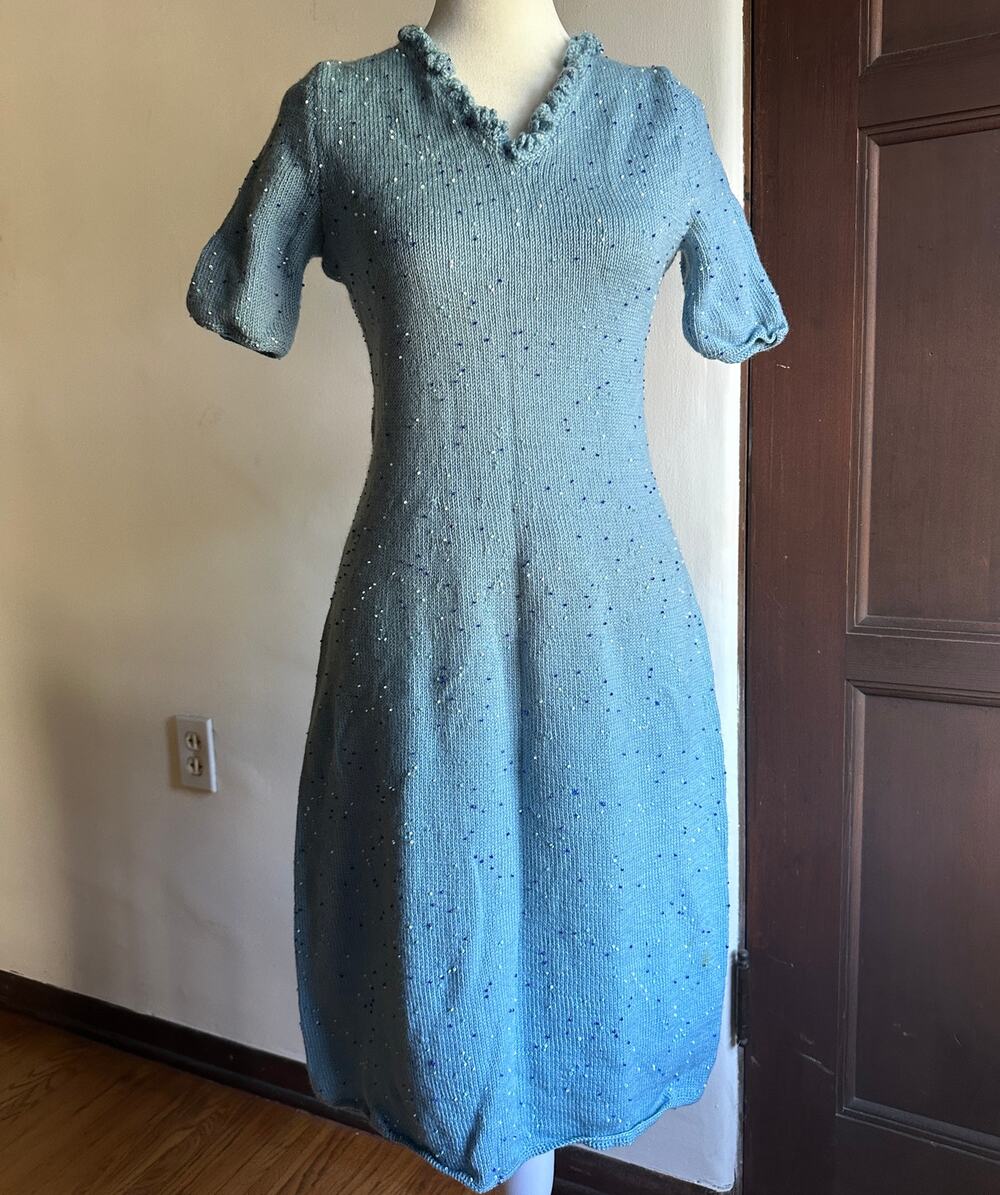 1960s VINTAGE | Unique Blue Beaded V Neck Sweater Dress | Approx size Small Med